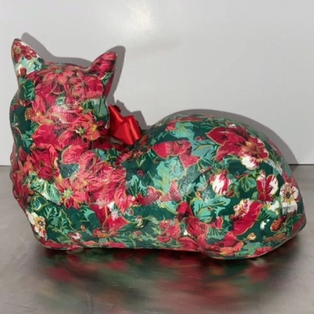 Large Paper Mache Christmas Cat Red Green White Gold Laying Down Roses Bow 12.25